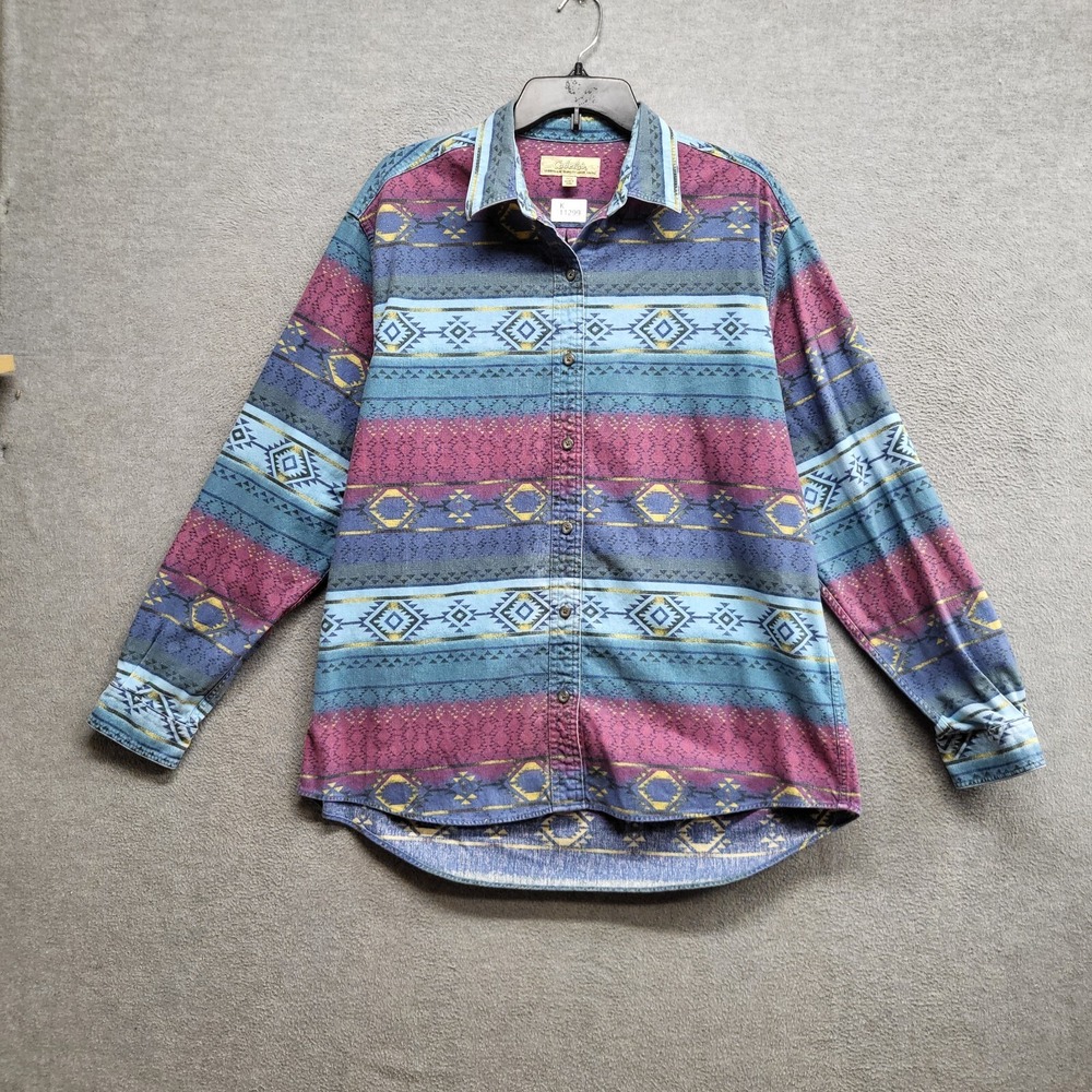 VINTAGE Cabela's Women Top XL Blue 90s Aztec Southwestern Button Up‎ Collar